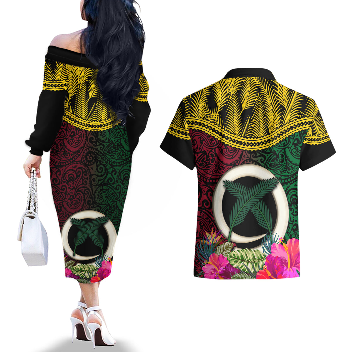 Vanuatu 44th Anniversary Independence Day Couples Matching Off The Shoulder Long Sleeve Dress and Hawaiian Shirt Boars Tusk and Namele Plant LT03