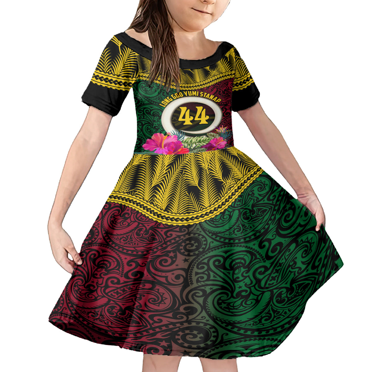 Vanuatu 44th Anniversary Independence Day Family Matching Long Sleeve Bodycon Dress and Hawaiian Shirt Boars Tusk and Namele Plant LT03 Daughter's Dress Black - Polynesian Pride