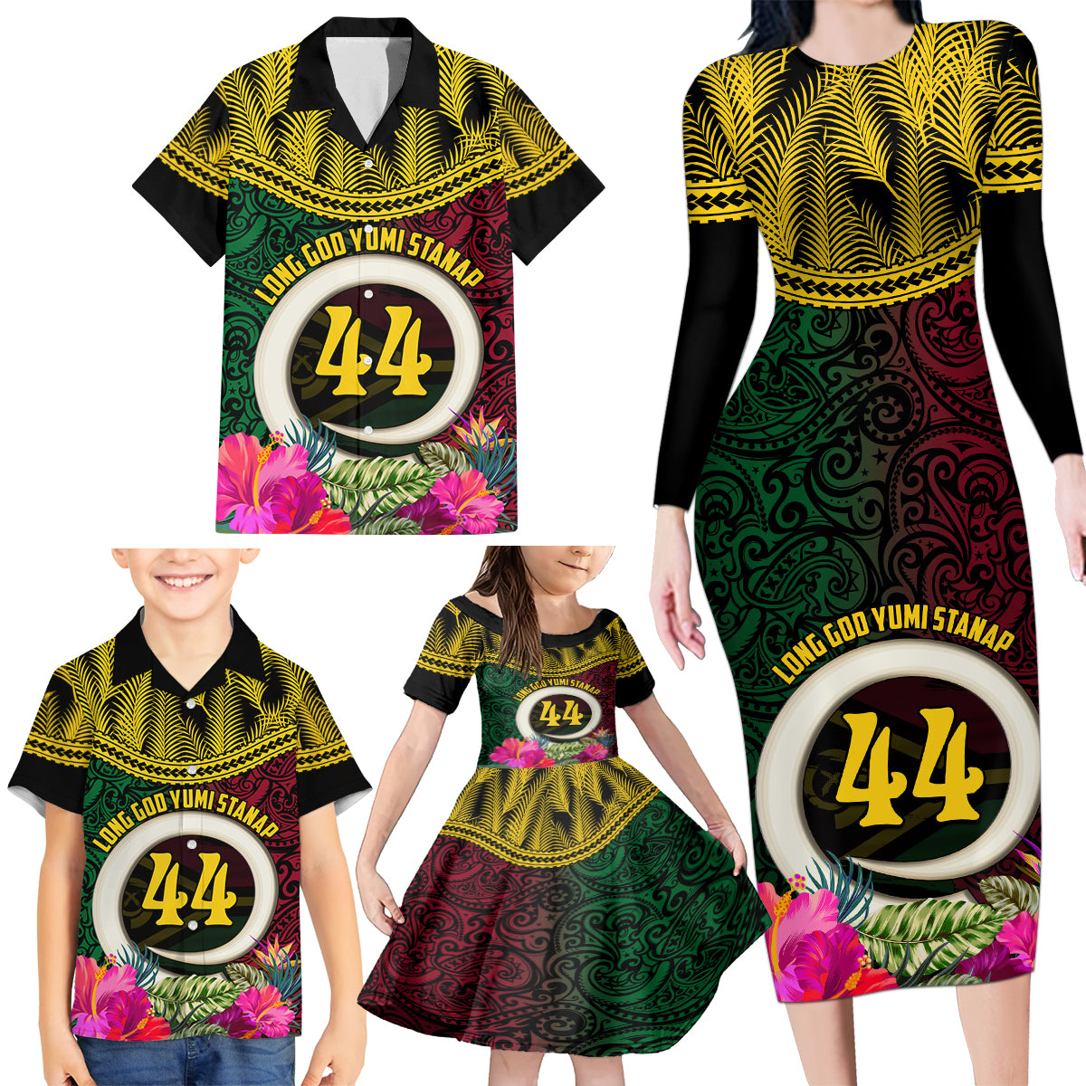 Vanuatu 44th Anniversary Independence Day Family Matching Long Sleeve Bodycon Dress and Hawaiian Shirt Boars Tusk and Namele Plant LT03 - Polynesian Pride