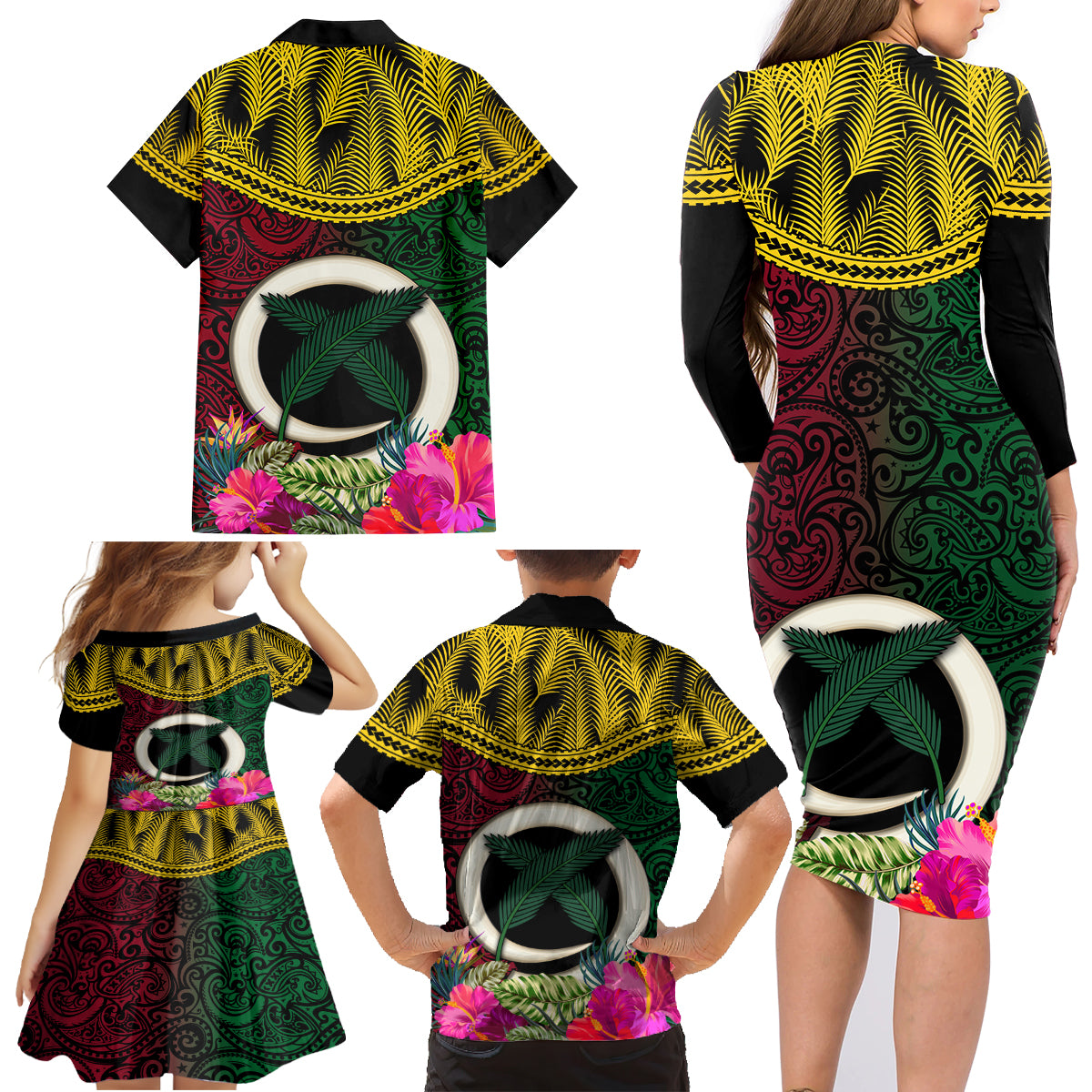 Vanuatu 44th Anniversary Independence Day Family Matching Long Sleeve Bodycon Dress and Hawaiian Shirt Boars Tusk and Namele Plant LT03 - Polynesian Pride