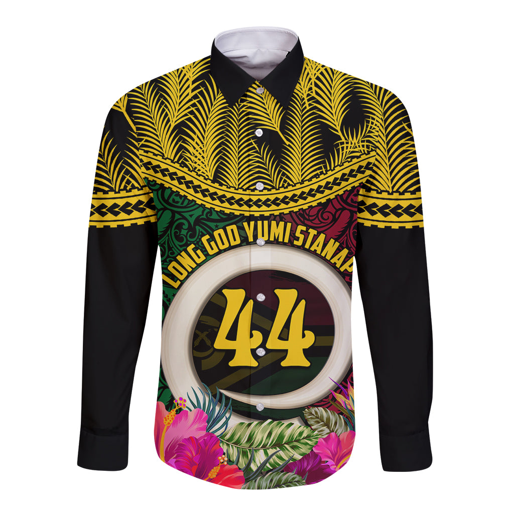 Vanuatu 44th Anniversary Independence Day Long Sleeve Button Shirt Boars Tusk and Namele Plant LT03 Unisex Black - Polynesian Pride