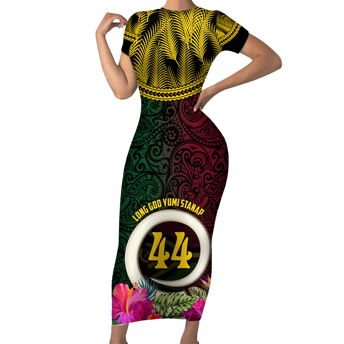 Vanuatu 44th Anniversary Independence Day Short Sleeve Bodycon Dress Boars Tusk and Namele Plant LT03
