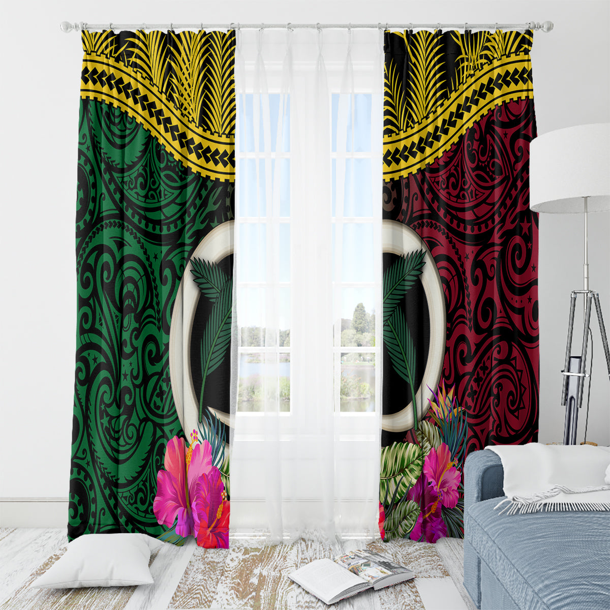 Vanuatu 44th Anniversary Independence Day Window Curtain Boars Tusk and Namele Plant LT03