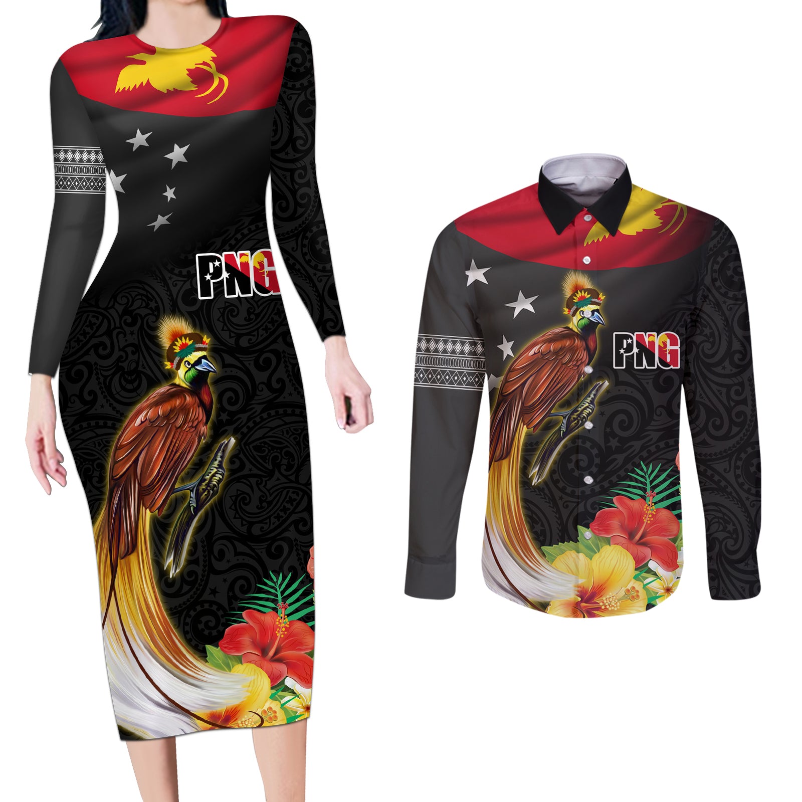 Papua New Guinea Independence Day Couples Matching Long Sleeve Bodycon Dress and Long Sleeve Button Shirt PNG Flag and Bird-of-Paradise