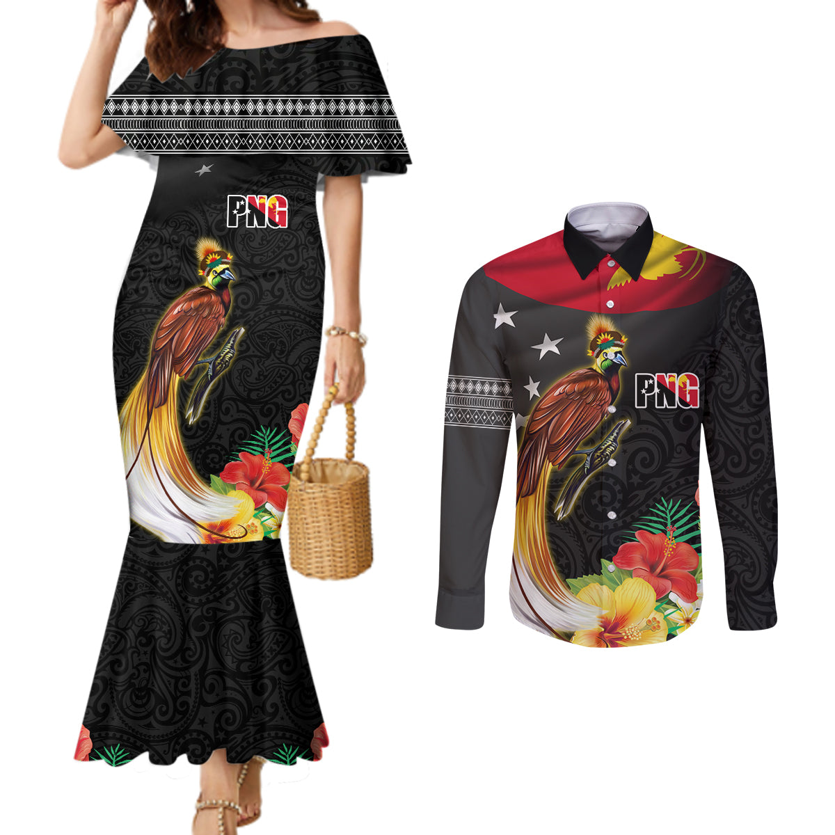Papua New Guinea Independence Day Couples Matching Mermaid Dress and Long Sleeve Button Shirt PNG Flag and Bird-of-Paradise