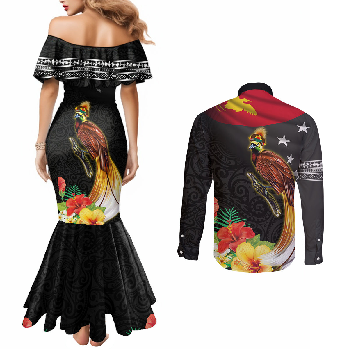 Papua New Guinea Independence Day Couples Matching Mermaid Dress and Long Sleeve Button Shirt PNG Flag and Bird-of-Paradise