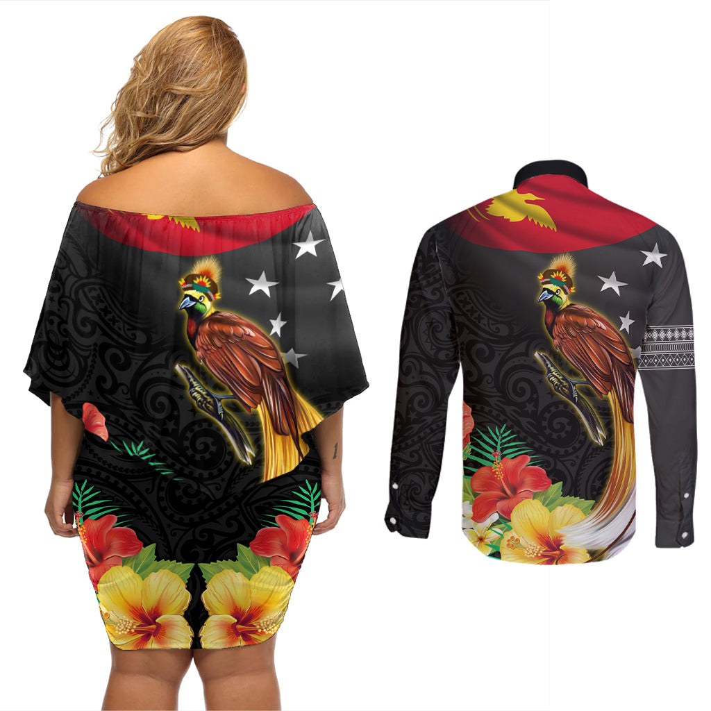 Papua New Guinea Independence Day Couples Matching Off Shoulder Short Dress and Long Sleeve Button Shirt PNG Flag and Bird-of-Paradise