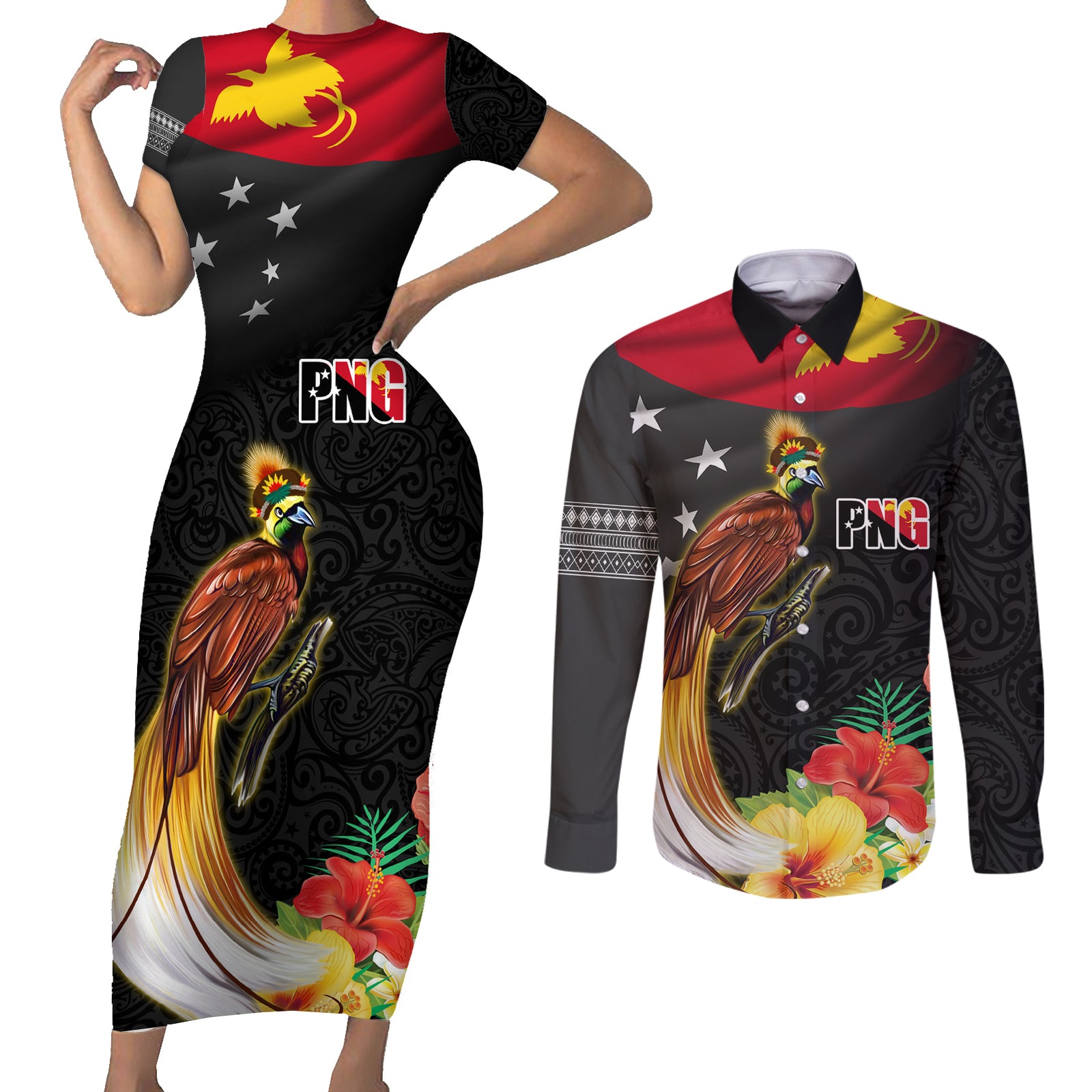 Papua New Guinea Independence Day Couples Matching Short Sleeve Bodycon Dress and Long Sleeve Button Shirt PNG Flag and Bird-of-Paradise