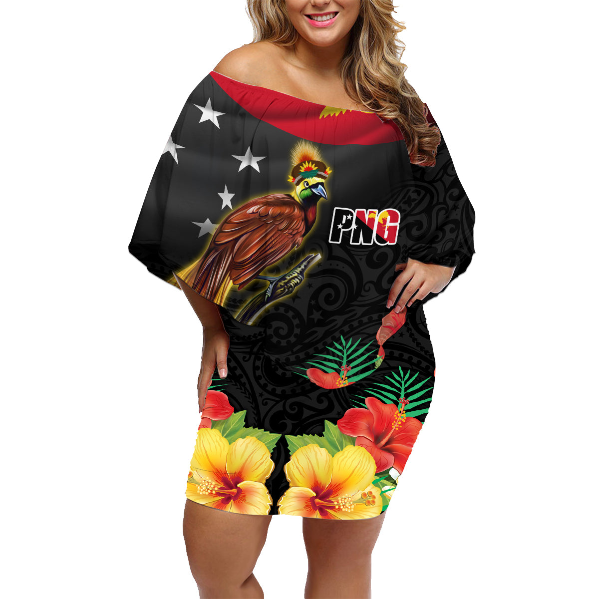 Papua New Guinea Independence Day Family Matching Off Shoulder Short Dress and Hawaiian Shirt PNG Flag and Bird-of-Paradise