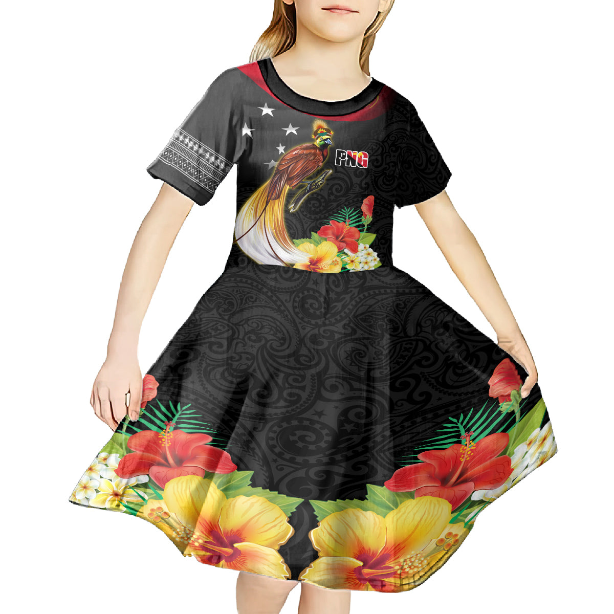 Papua New Guinea Independence Day Kid Short Sleeve Dress PNG Flag and Bird-of-Paradise