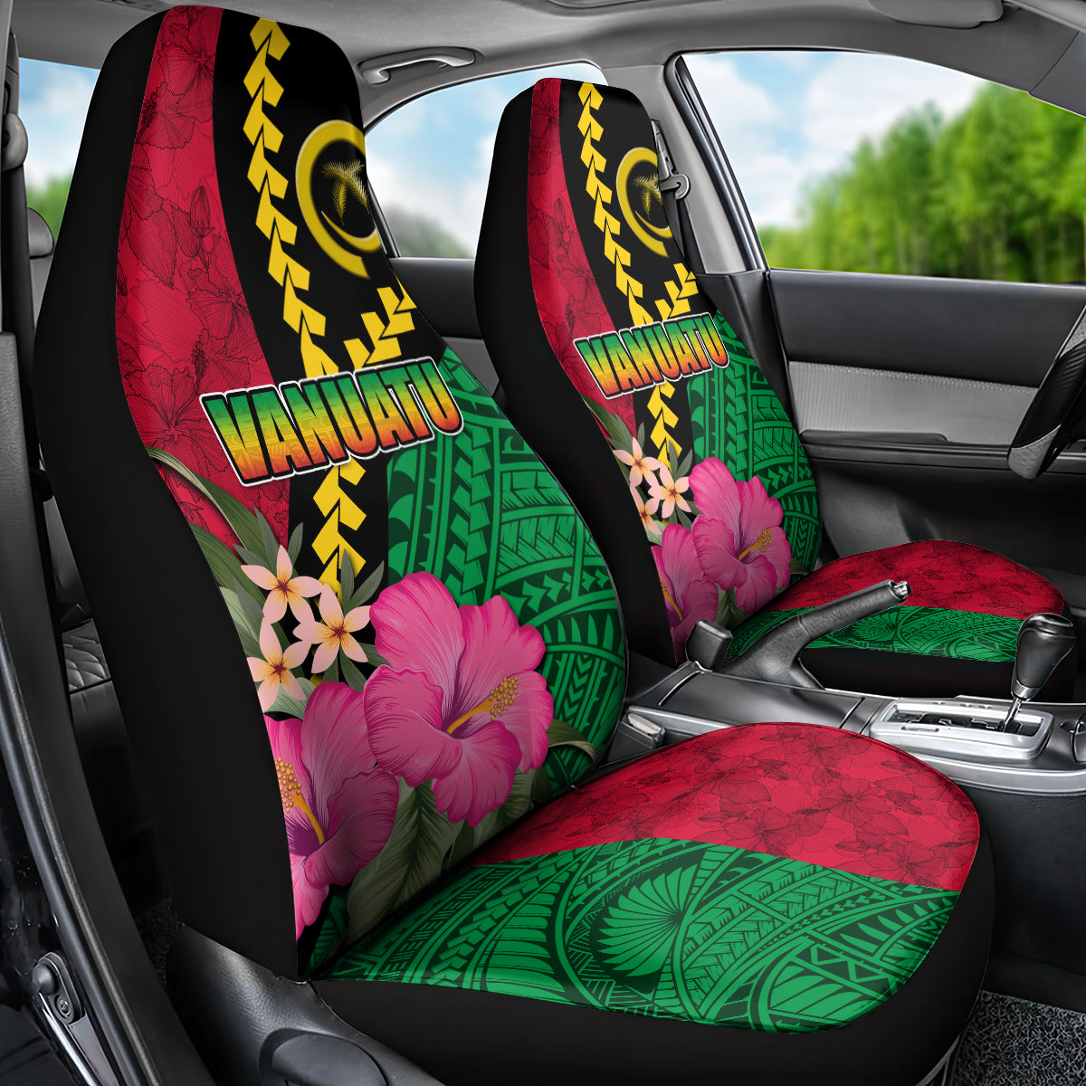 Vanuatu Flag Hibiscus Polynesian Pattern Car Seat Cover