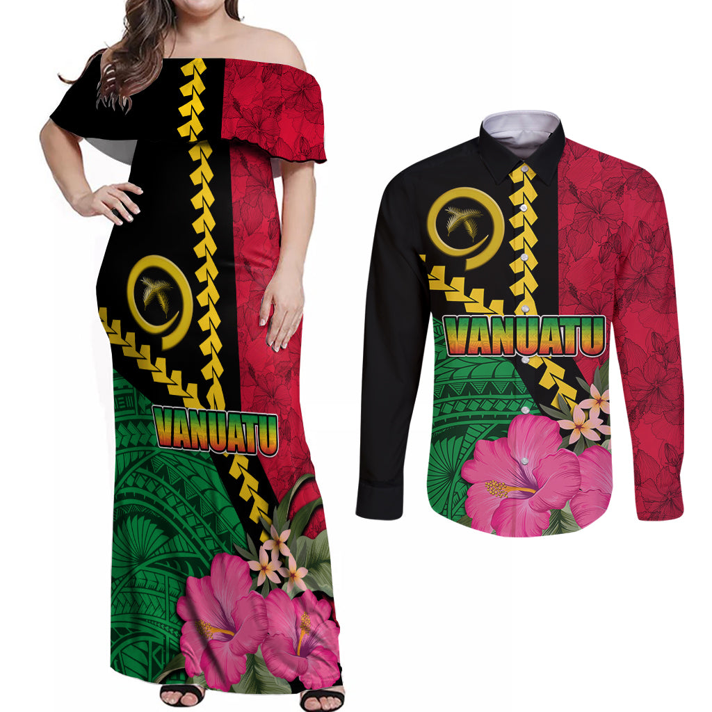 Vanuatu Flag Hibiscus Polynesian Pattern Couples Matching Off Shoulder Maxi Dress and Long Sleeve Button Shirt LT03 Black - Polynesian Pride