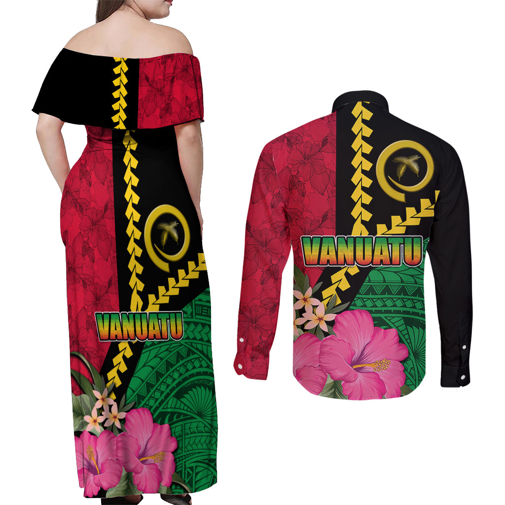Vanuatu Flag Hibiscus Polynesian Pattern Couples Matching Off Shoulder Maxi Dress and Long Sleeve Button Shirt LT03 - Polynesian Pride