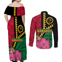Vanuatu Flag Hibiscus Polynesian Pattern Couples Matching Off Shoulder Maxi Dress and Long Sleeve Button Shirt LT03 - Polynesian Pride