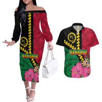 Vanuatu Flag Hibiscus Polynesian Pattern Couples Matching Off The Shoulder Long Sleeve Dress and Hawaiian Shirt
