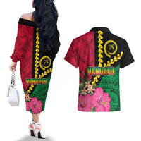 Vanuatu Flag Hibiscus Polynesian Pattern Couples Matching Off The Shoulder Long Sleeve Dress and Hawaiian Shirt