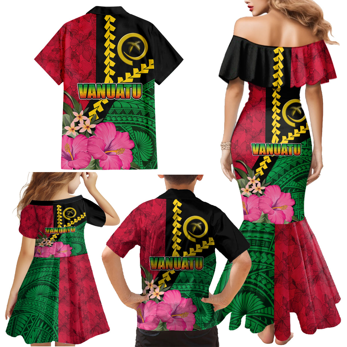 Vanuatu Flag Hibiscus Polynesian Pattern Family Matching Mermaid Dress and Hawaiian Shirt