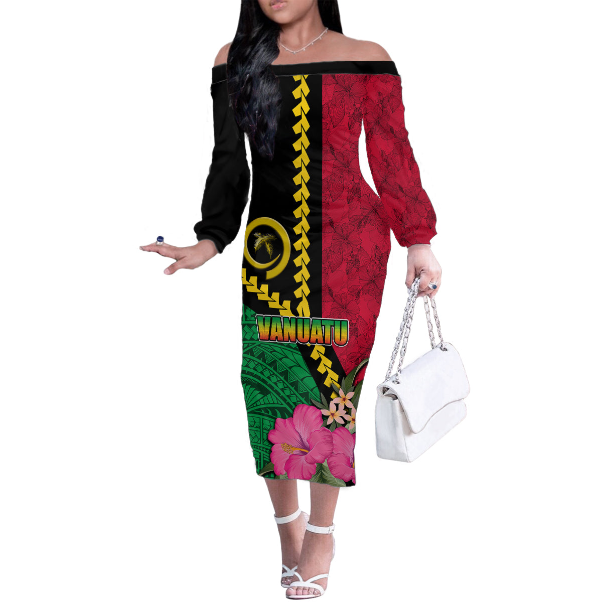 Vanuatu Flag Hibiscus Polynesian Pattern Family Matching Off The Shoulder Long Sleeve Dress and Hawaiian Shirt