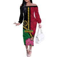 Vanuatu Flag Hibiscus Polynesian Pattern Family Matching Off The Shoulder Long Sleeve Dress and Hawaiian Shirt