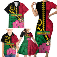 Vanuatu Flag Hibiscus Polynesian Pattern Family Matching Short Sleeve Bodycon Dress and Hawaiian Shirt