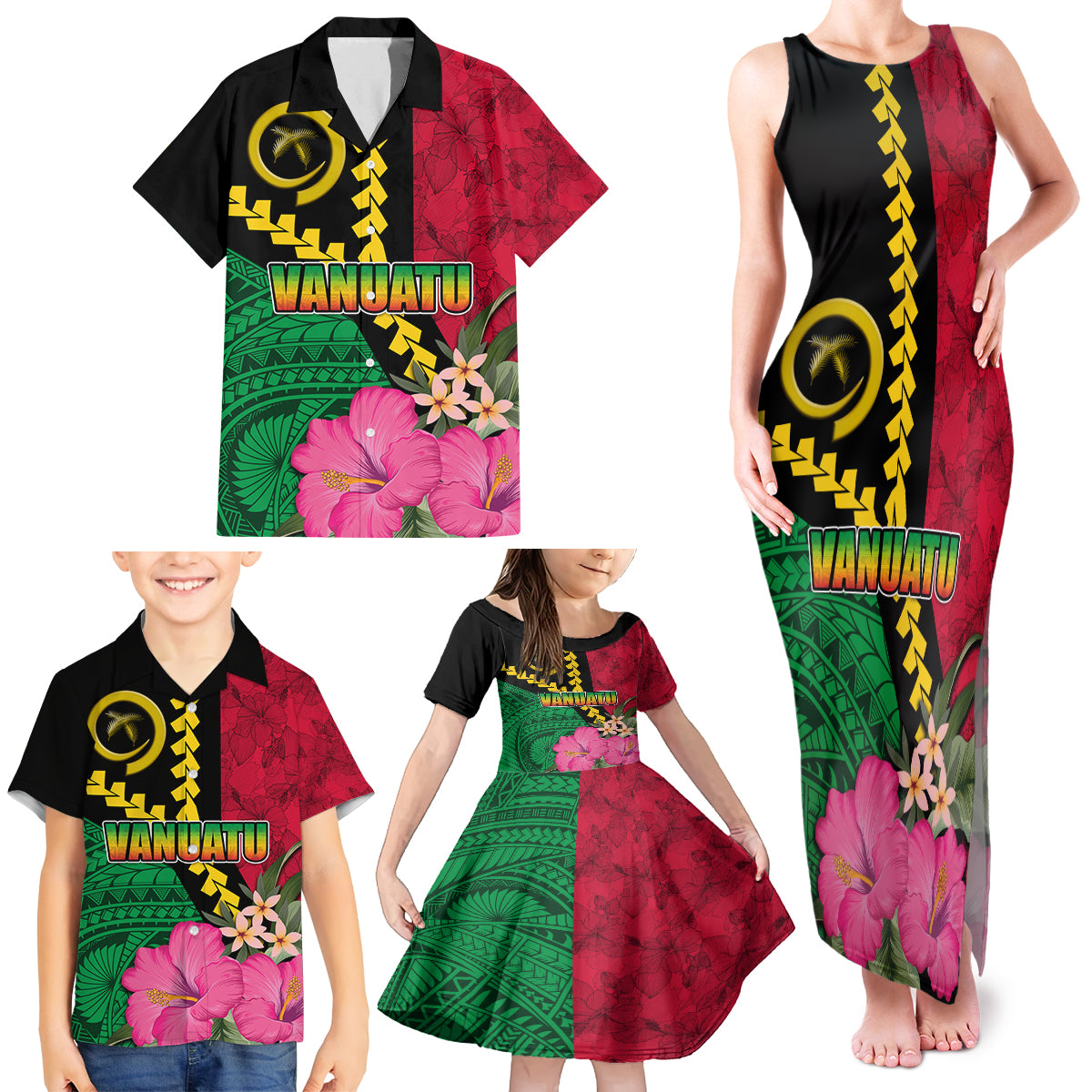 Vanuatu Flag Hibiscus Polynesian Pattern Family Matching Tank Maxi Dress and Hawaiian Shirt LT03 - Polynesian Pride