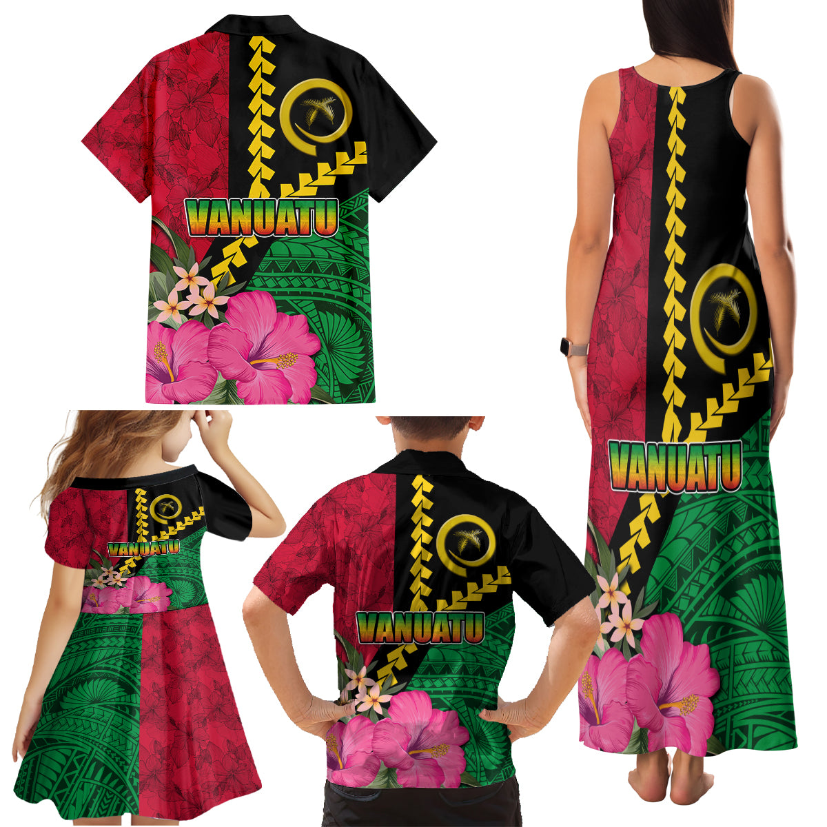 Vanuatu Flag Hibiscus Polynesian Pattern Family Matching Tank Maxi Dress and Hawaiian Shirt LT03 - Polynesian Pride