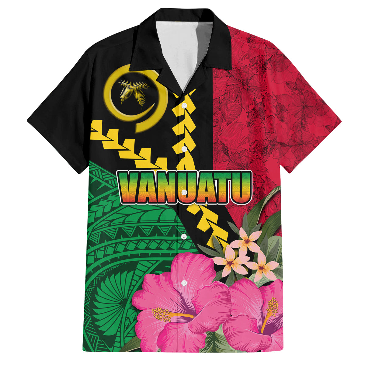 Vanuatu Flag Hibiscus Polynesian Pattern Family Matching Tank Maxi Dress and Hawaiian Shirt LT03 Dad's Shirt - Short Sleeve Black - Polynesian Pride