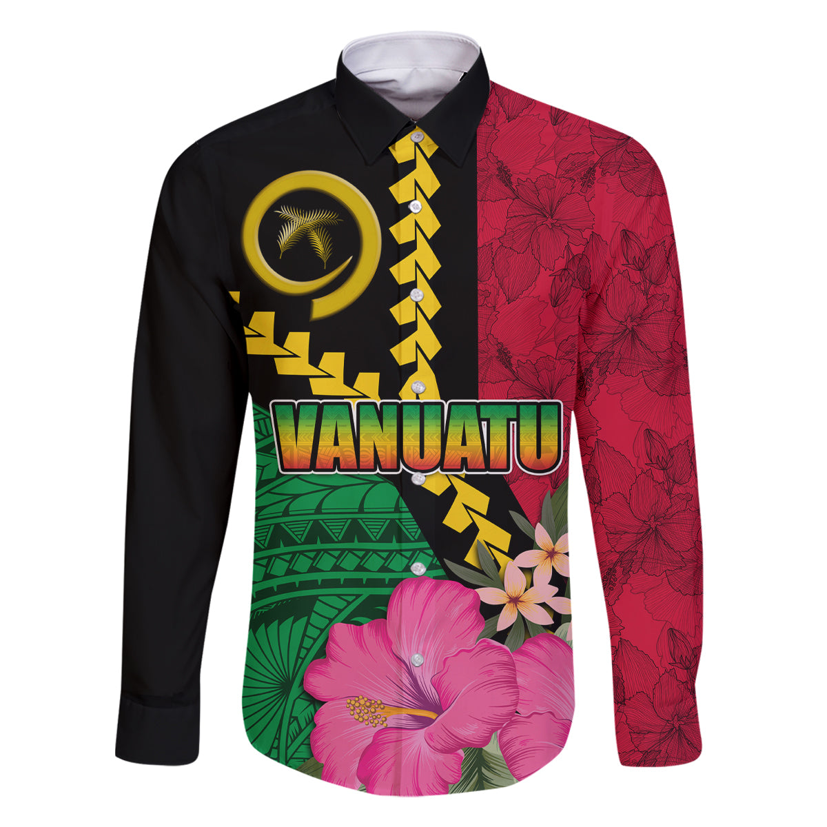 Vanuatu Flag Hibiscus Polynesian Pattern Family Matching Tank Maxi Dress and Hawaiian Shirt LT03 Dad's Shirt - Long Sleeve Black - Polynesian Pride