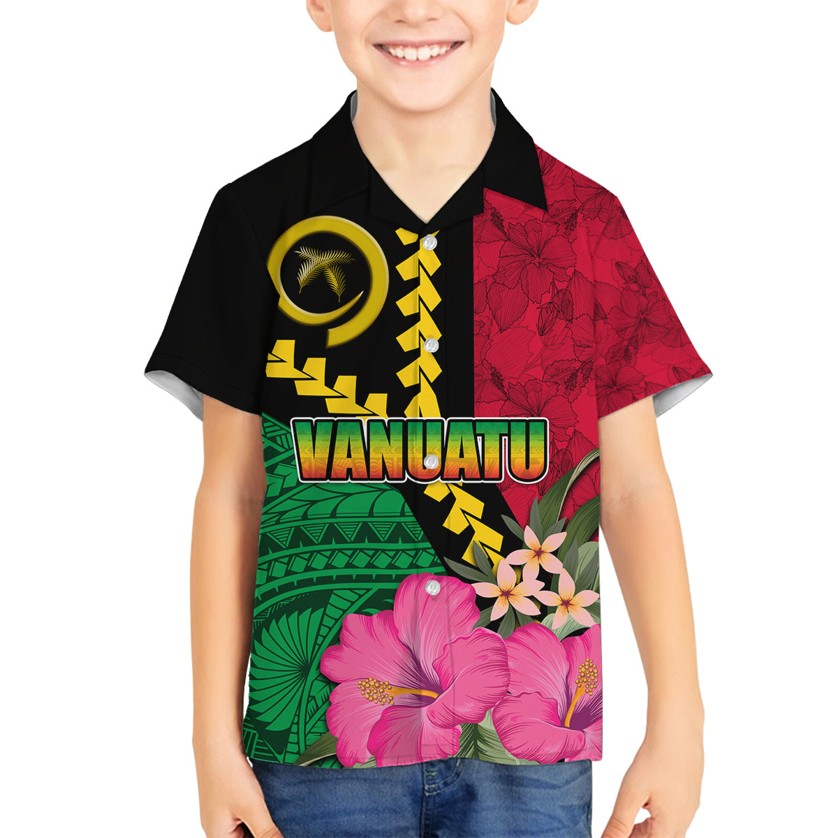Vanuatu Flag Hibiscus Polynesian Pattern Family Matching Tank Maxi Dress and Hawaiian Shirt LT03 Son's Shirt Black - Polynesian Pride