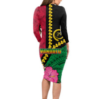 Vanuatu Flag Hibiscus Polynesian Pattern Long Sleeve Bodycon Dress