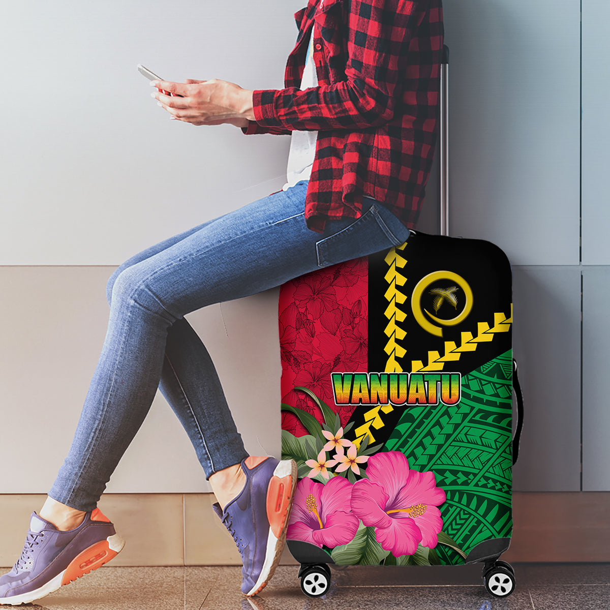 Vanuatu Flag Hibiscus Polynesian Pattern Luggage Cover