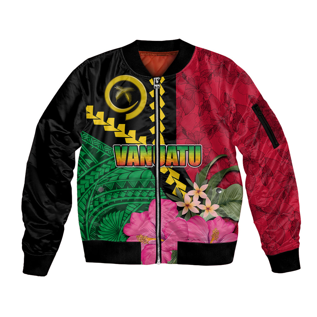 Vanuatu Flag Hibiscus Polynesian Pattern Sleeve Zip Bomber Jacket