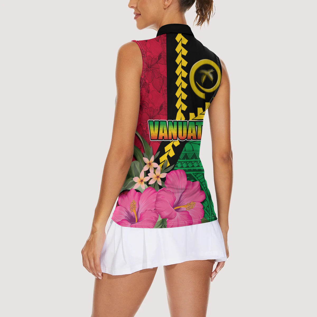Vanuatu Flag Hibiscus Polynesian Pattern Women Sleeveless Polo Shirt