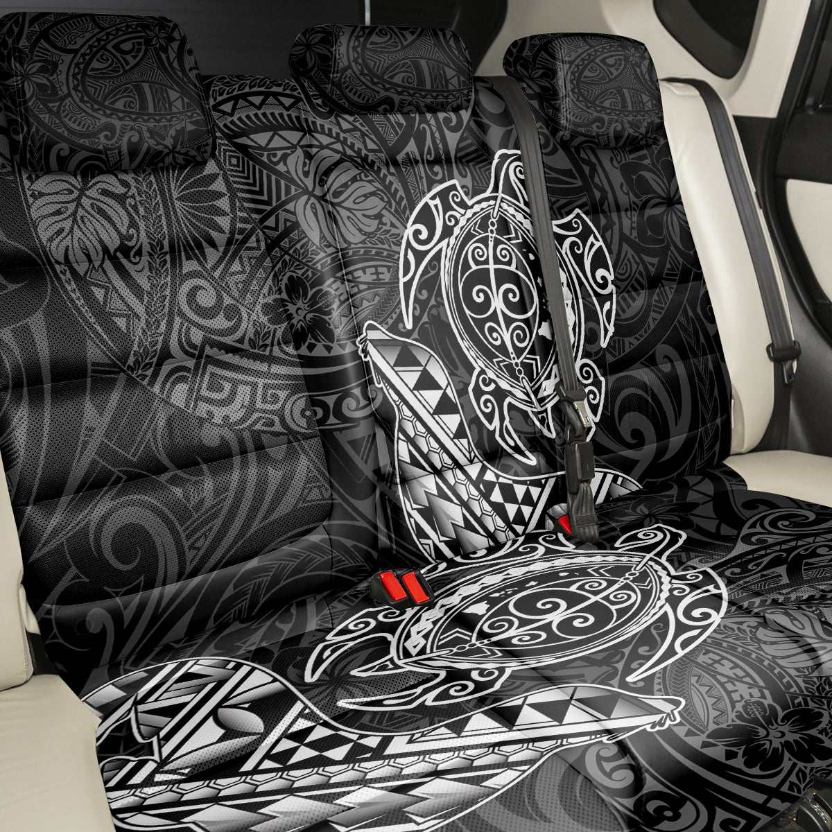Hawaii Monk Seal and Dolphin Back Car Seat Cover Polynesian Kakau Pattern Black White Color LT03 - Polynesian Pride