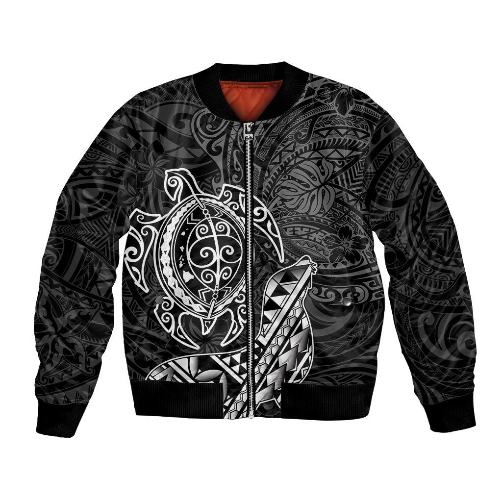 Hawaii Monk Seal and Dolphin Bomber Jacket Polynesian Kakau Pattern Black White Color