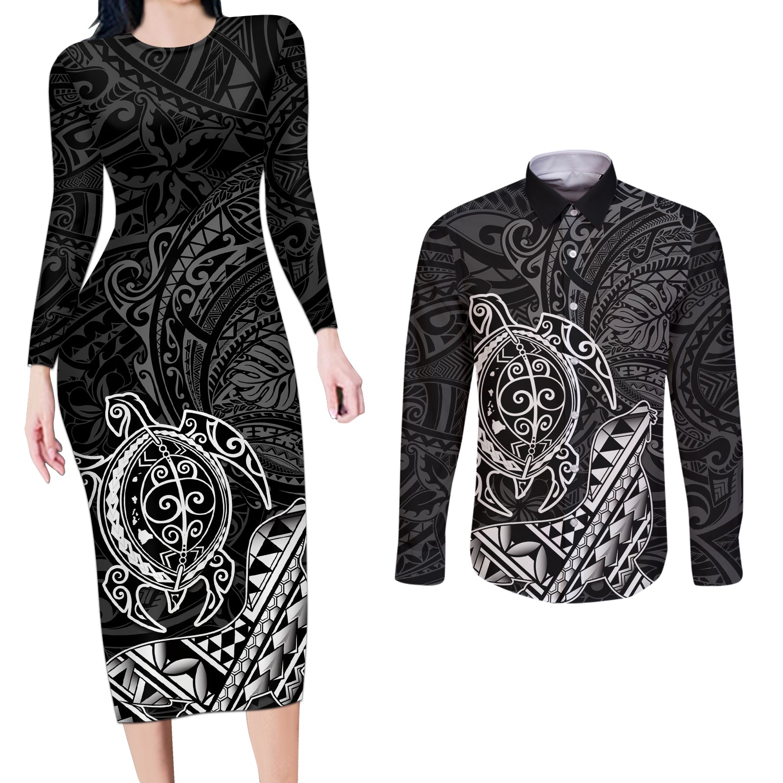 Hawaii Monk Seal and Dolphin Couples Matching Long Sleeve Bodycon Dress and Long Sleeve Button Shirt Polynesian Kakau Pattern Black White Color