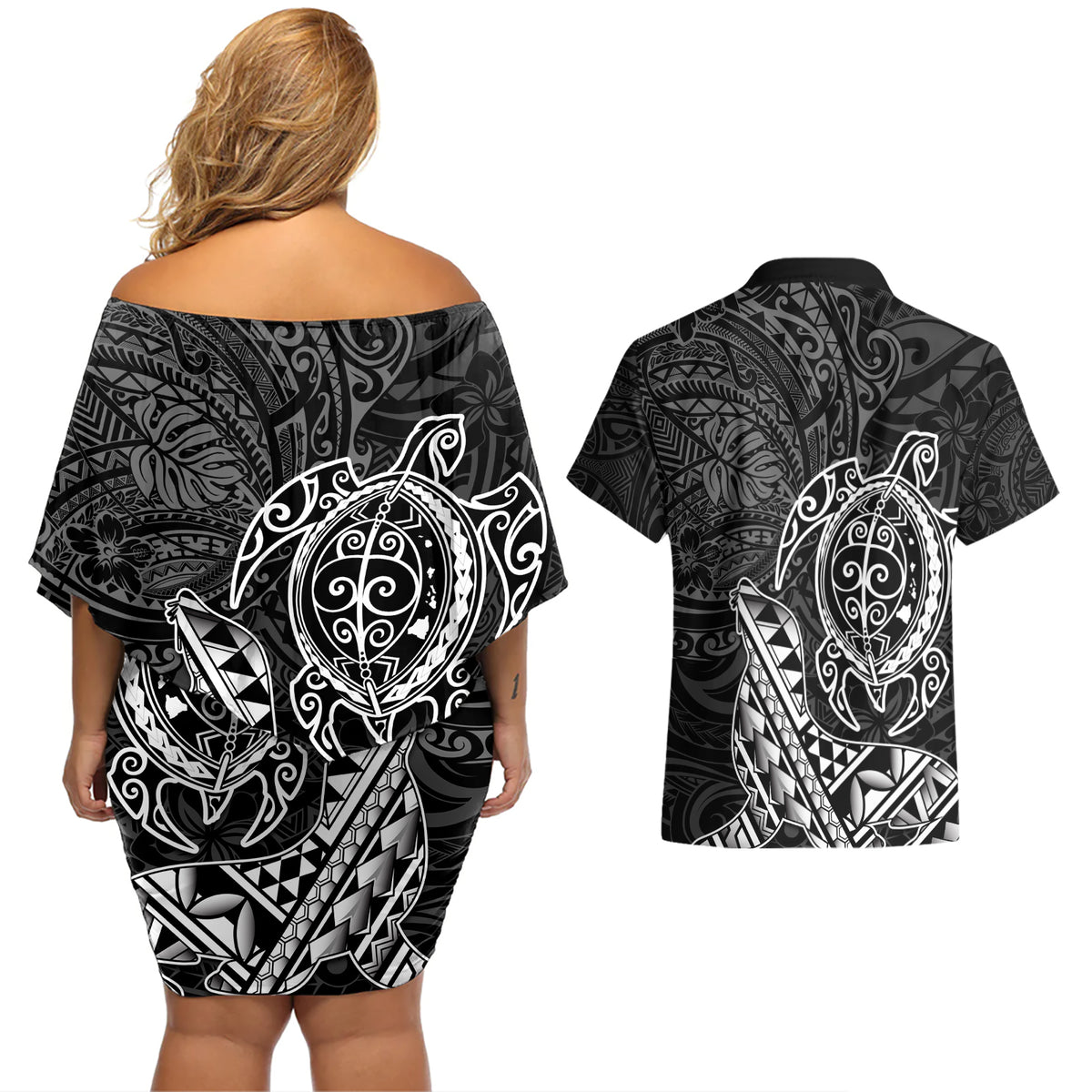 Hawaii Monk Seal and Dolphin Couples Matching Off Shoulder Short Dress and Hawaiian Shirt Polynesian Kakau Pattern Black White Color