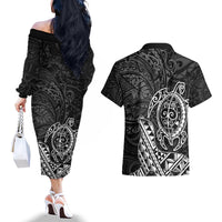 Hawaii Monk Seal and Dolphin Couples Matching Off The Shoulder Long Sleeve Dress and Hawaiian Shirt Polynesian Kakau Pattern Black White Color