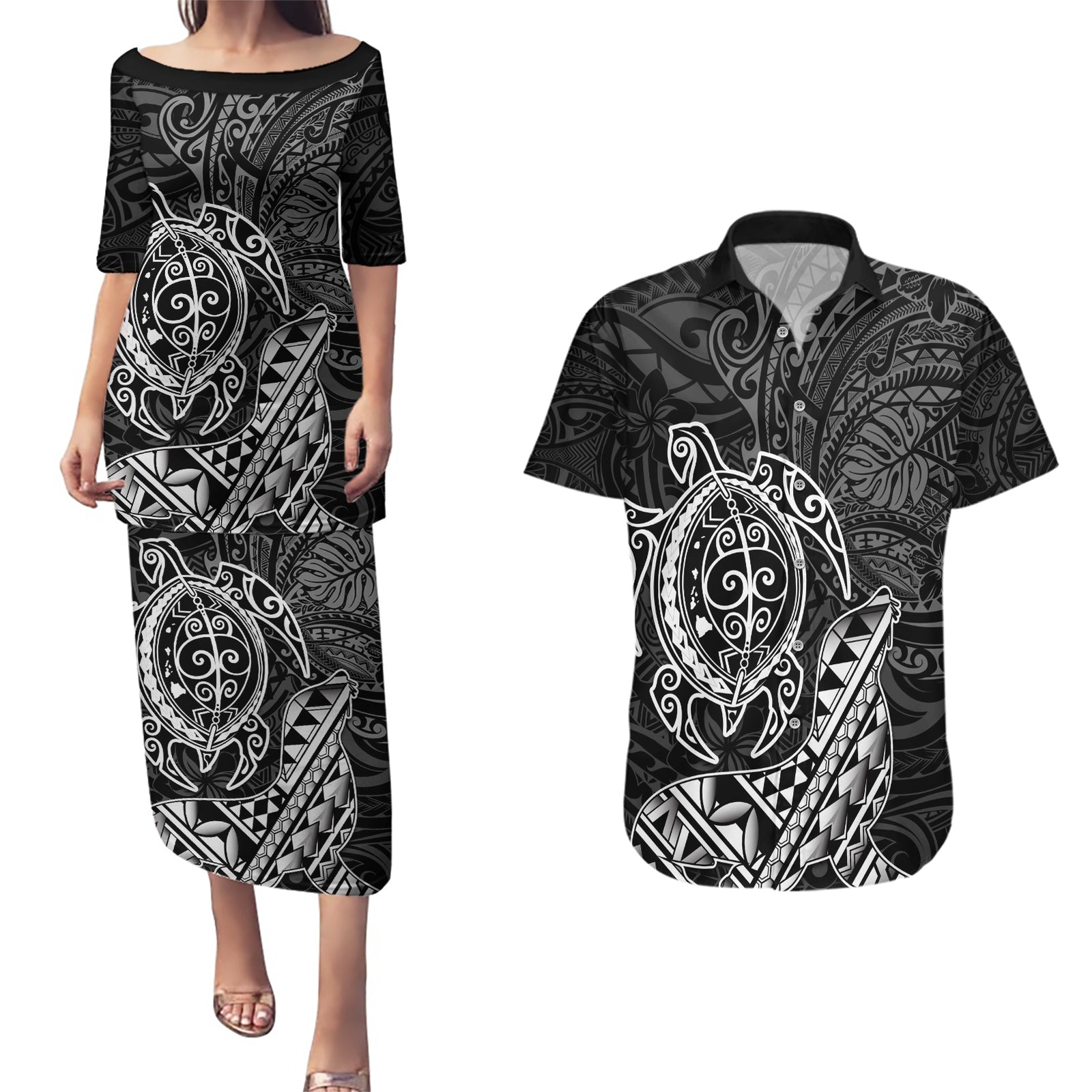Hawaii Monk Seal and Dolphin Couples Matching Puletasi and Hawaiian Shirt Polynesian Kakau Pattern Black White Color