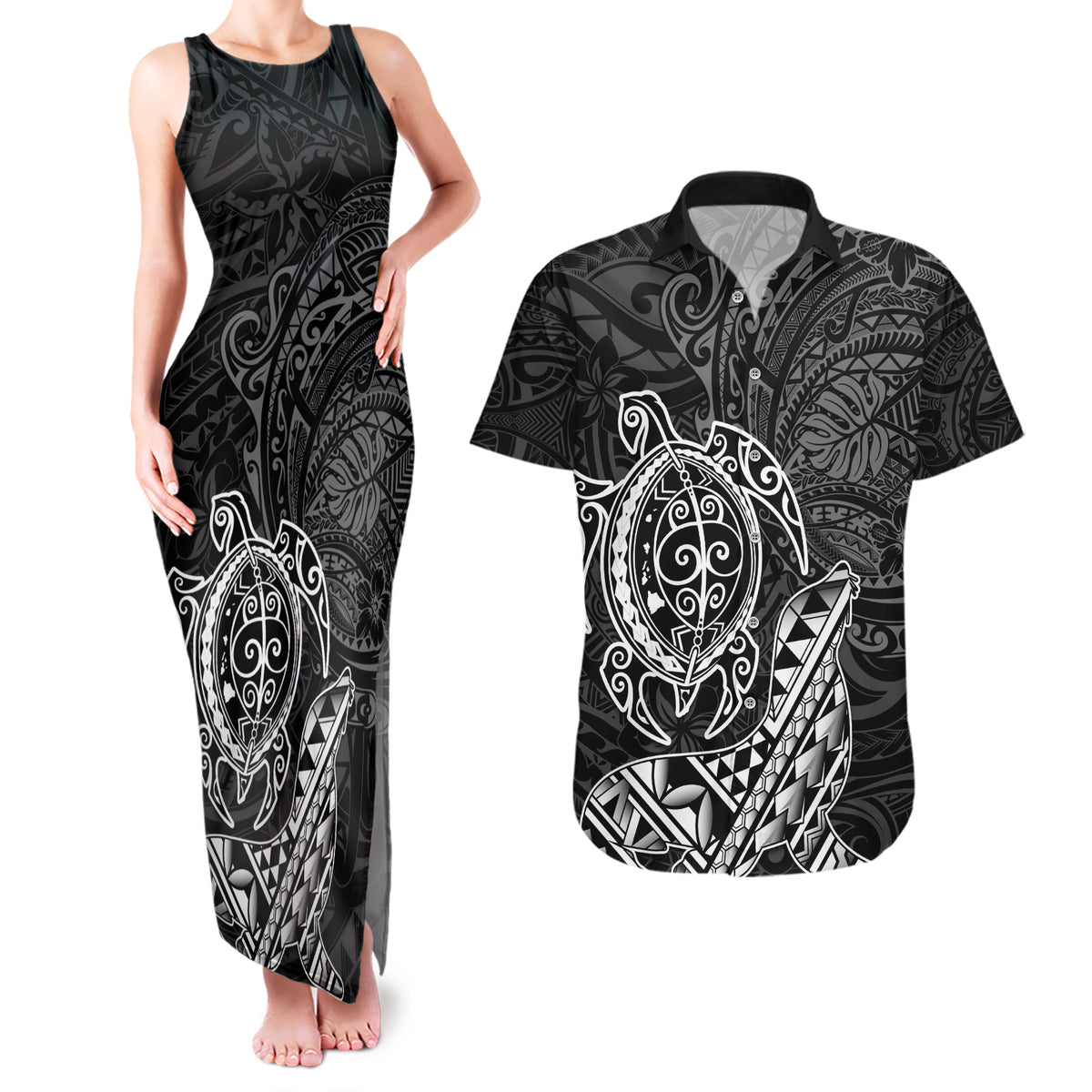 Hawaii Monk Seal and Dolphin Couples Matching Tank Maxi Dress and Hawaiian Shirt Polynesian Kakau Pattern Black White Color