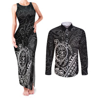 Hawaii Monk Seal and Dolphin Couples Matching Tank Maxi Dress and Long Sleeve Button Shirt Polynesian Kakau Pattern Black White Color