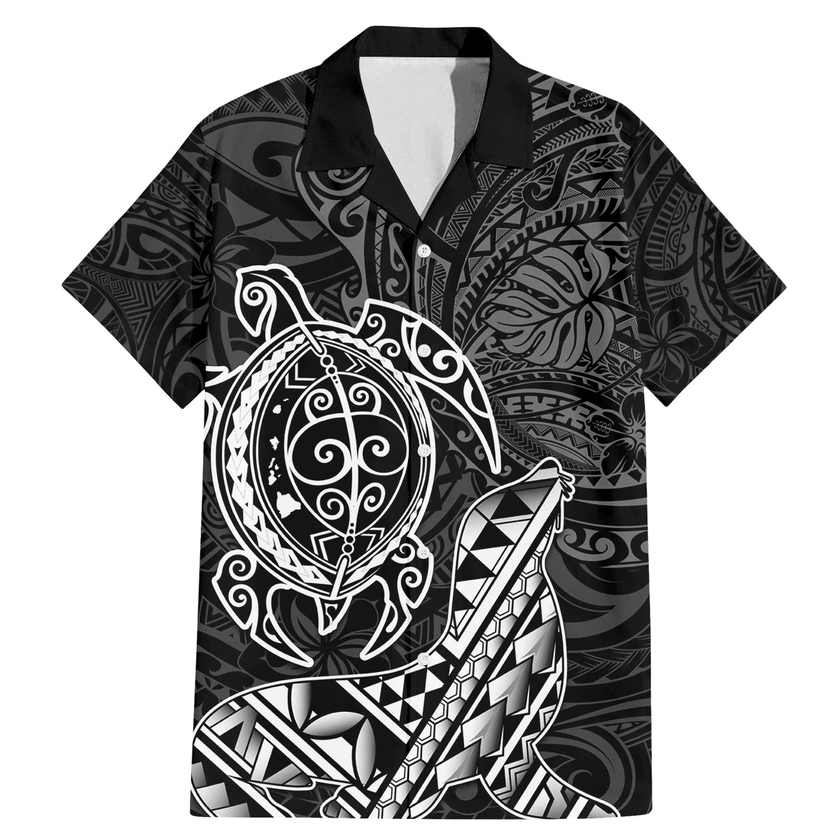 Hawaii Monk Seal and Dolphin Family Matching Mermaid Dress and Hawaiian Shirt Polynesian Kakau Pattern Black White Color