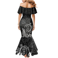 Hawaii Monk Seal and Dolphin Family Matching Mermaid Dress and Hawaiian Shirt Polynesian Kakau Pattern Black White Color