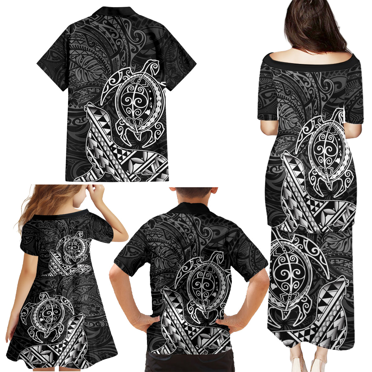 Hawaii Monk Seal and Dolphin Family Matching Puletasi and Hawaiian Shirt Polynesian Kakau Pattern Black White Color