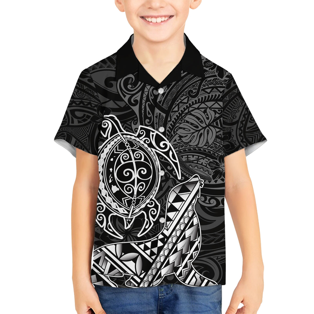 Hawaii Monk Seal and Dolphin Family Matching Puletasi and Hawaiian Shirt Polynesian Kakau Pattern Black White Color