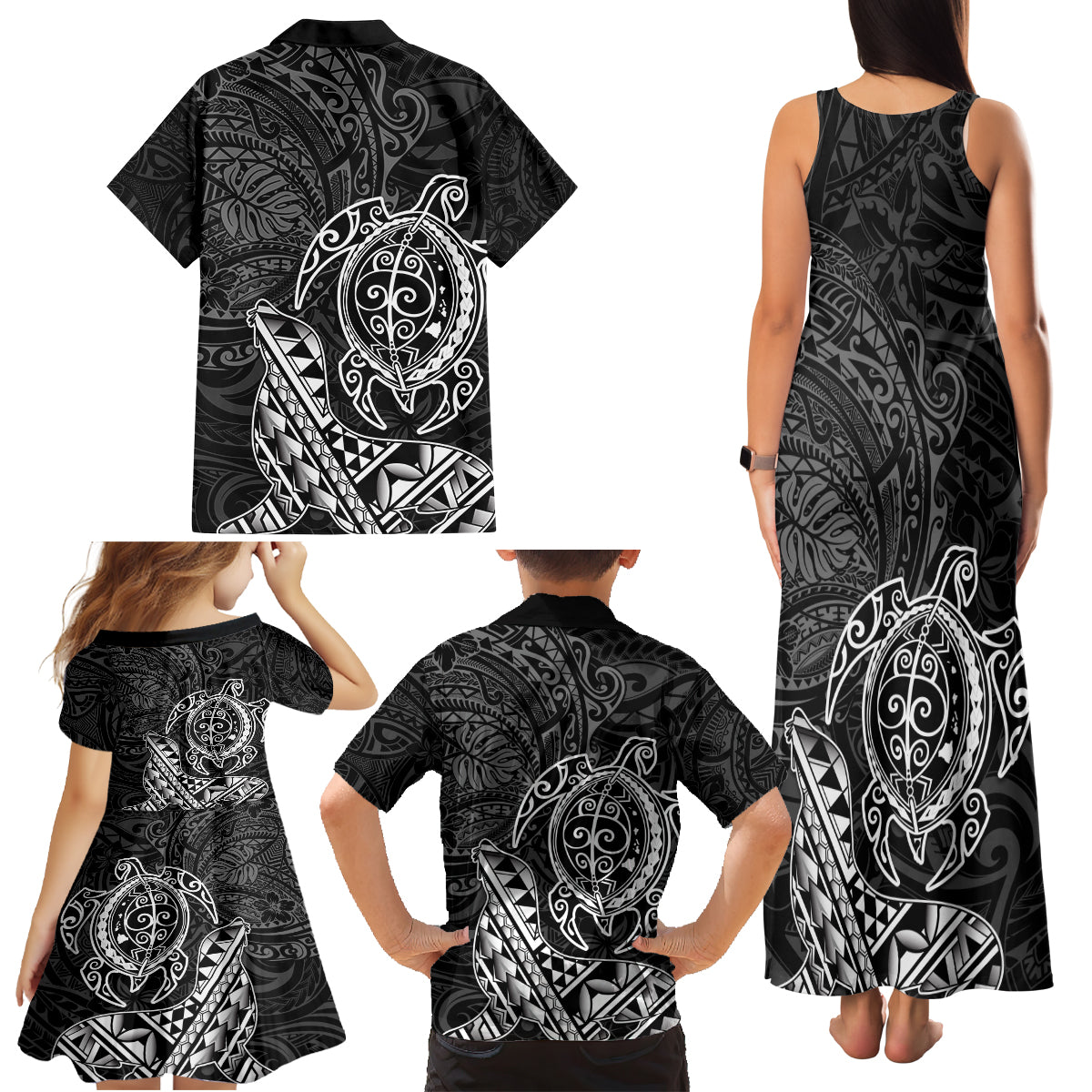Hawaii Monk Seal and Dolphin Family Matching Tank Maxi Dress and Hawaiian Shirt Polynesian Kakau Pattern Black White Color
