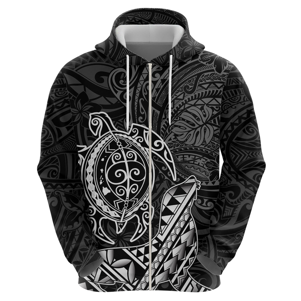 Hawaii Monk Seal and Dolphin Hoodie Polynesian Kakau Pattern Black White Color