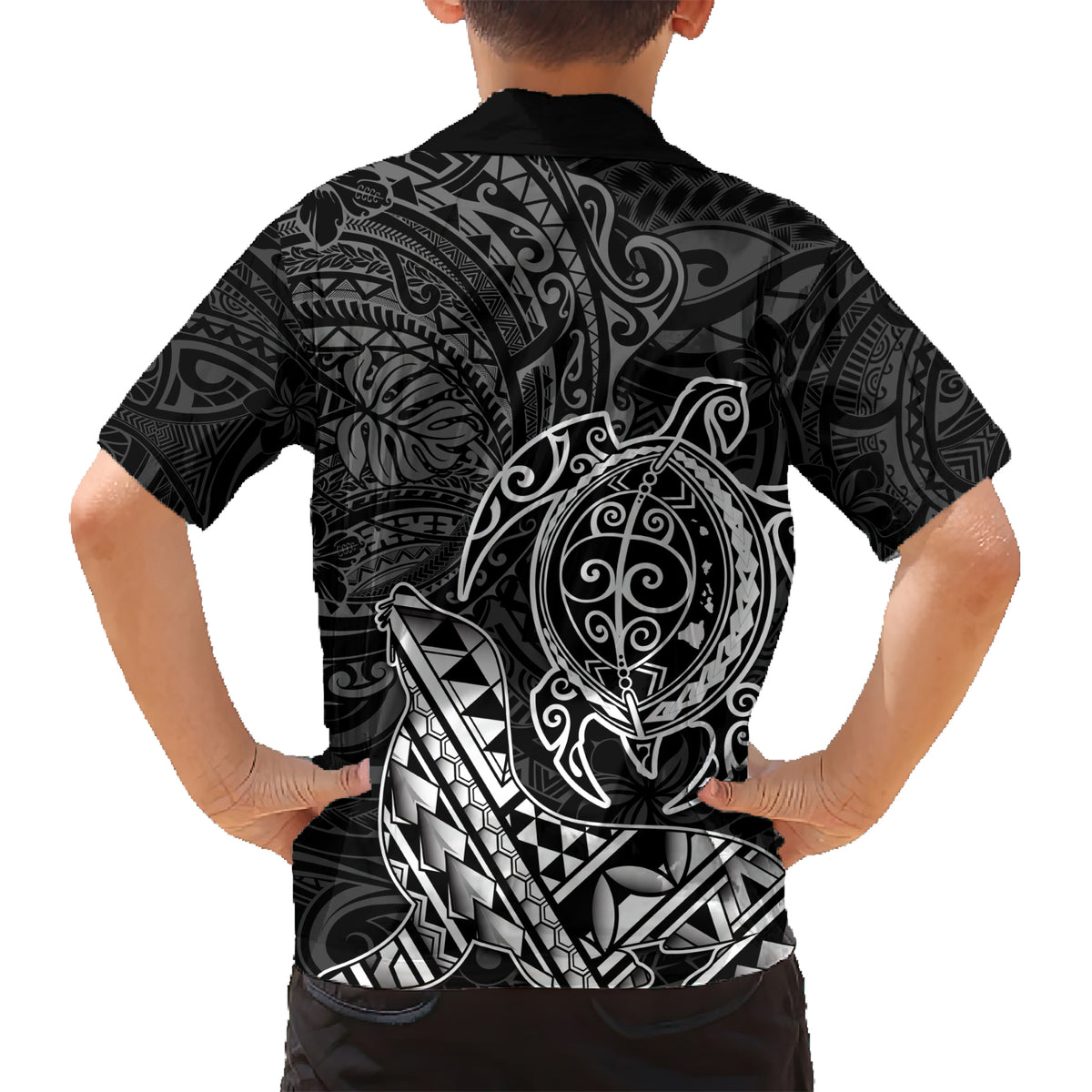 Hawaii Monk Seal and Dolphin Kid Hawaiian Shirt Polynesian Kakau Pattern Black White Color