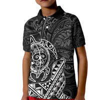 Hawaii Monk Seal and Dolphin Kid Polo Shirt Polynesian Kakau Pattern Black White Color