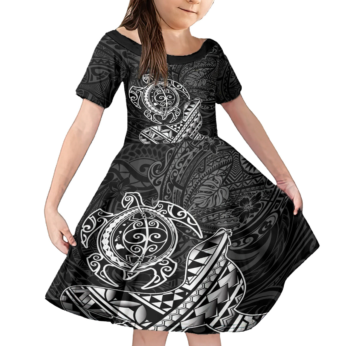 Hawaii Monk Seal and Dolphin Kid Short Sleeve Dress Polynesian Kakau Pattern Black White Color